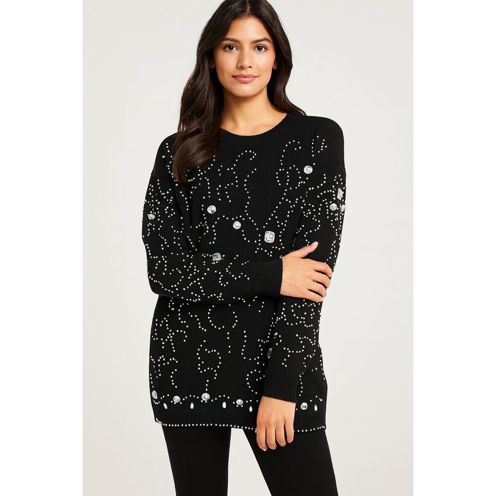 Vintage Midnight Blues Sweater Womens Large Black Beaded Embellished Knit NWT